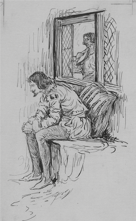 a pen and ink sketch of Duke Orsino sitting outside a window