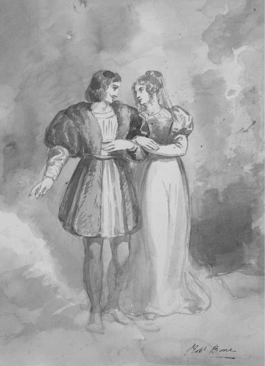 Viola in women's attire walking arm in arm with the Duke